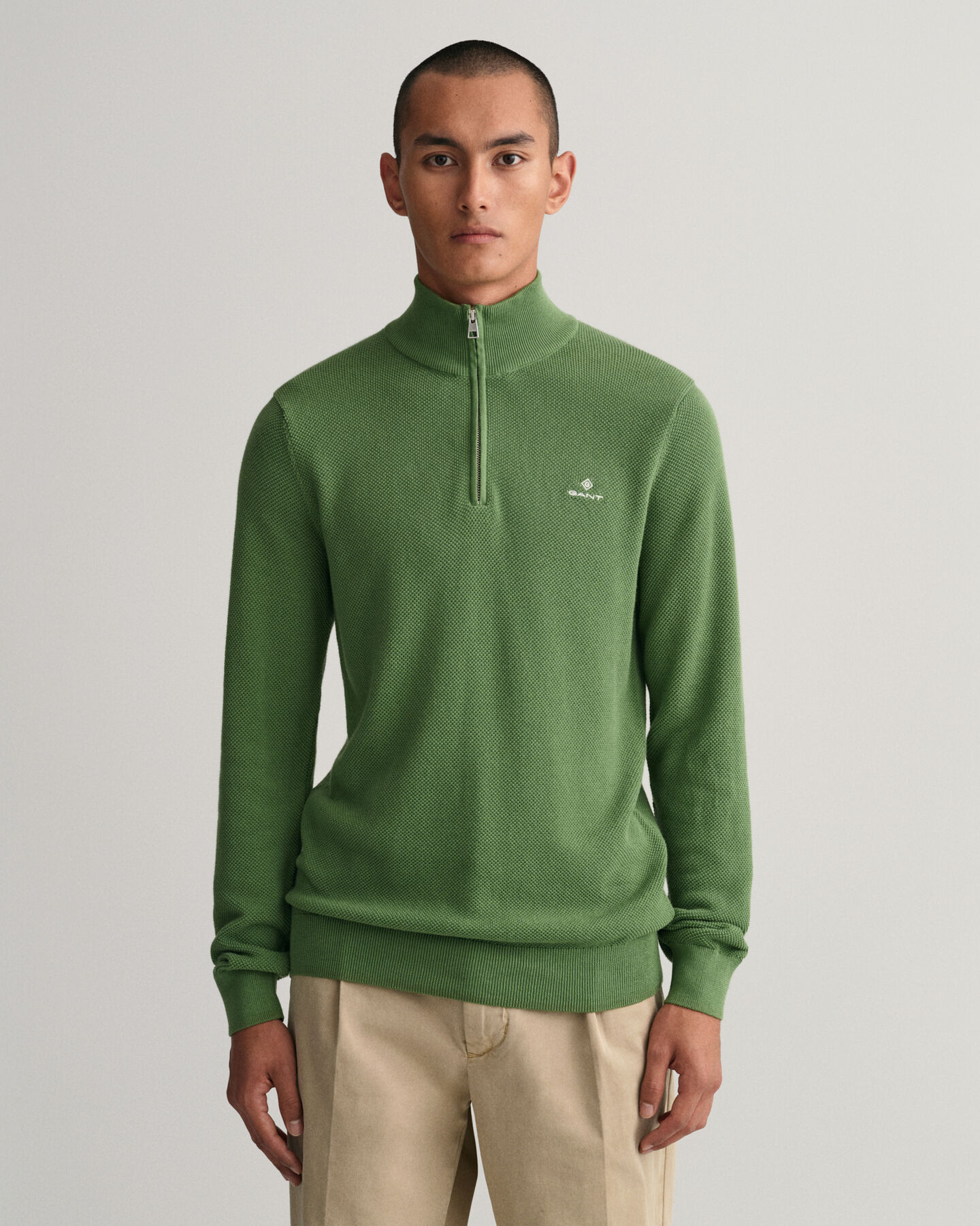 Bomuldspiqu&eacute; sweater med halv lynl&aring;s