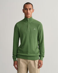 Bomuldspiqu&eacute; sweater med halv lynl&aring;s