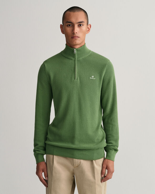 Bomuldspiqu&eacute; sweater med halv lynl&aring;s