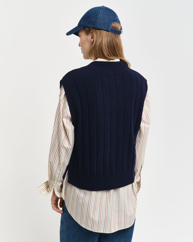 Sweater-vest i uld med bred ribstrik og V-hals