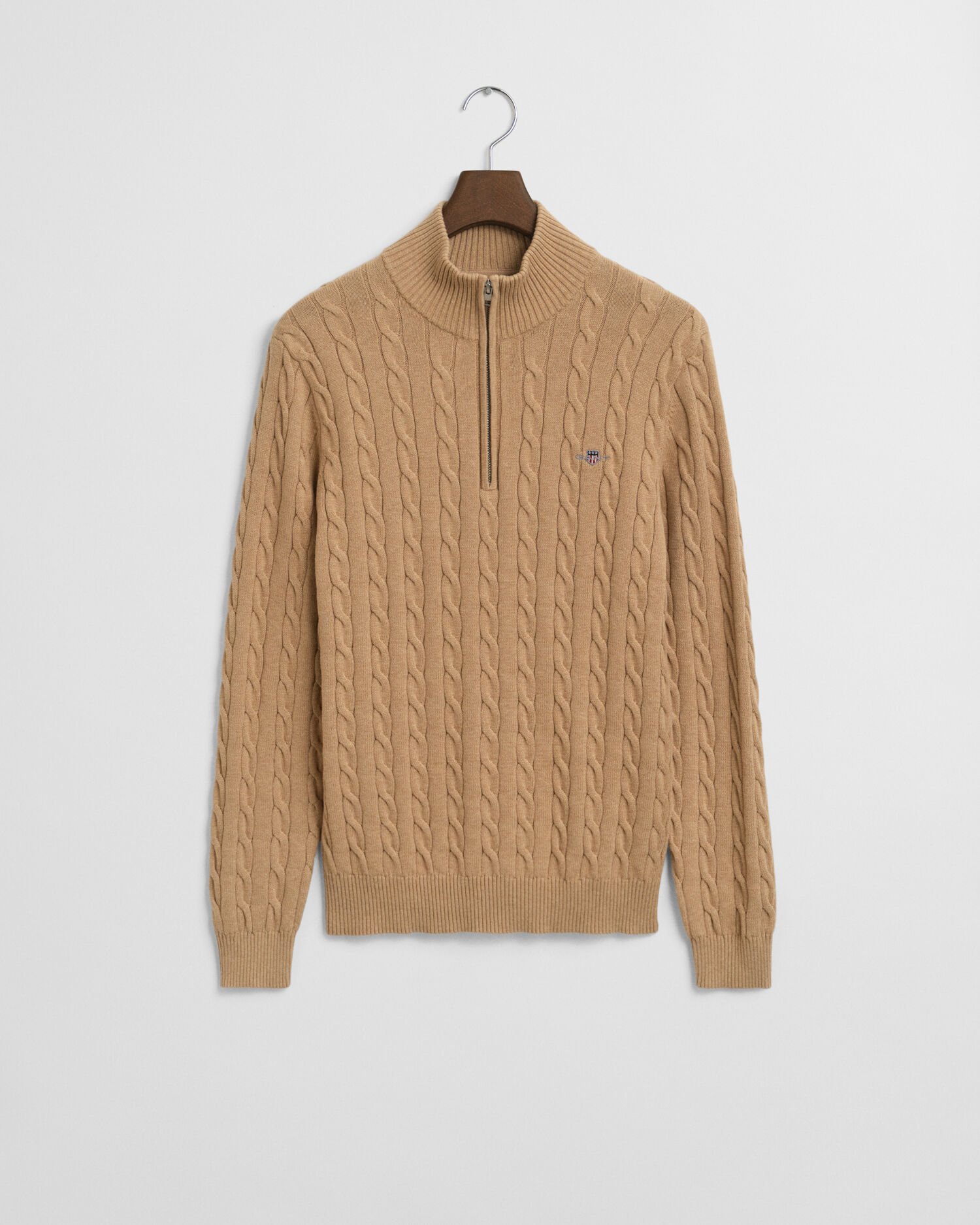 Kabelstrikket sweater af bomuld med halv lynlås