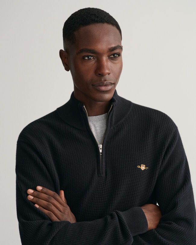 Tekstureret sweater af bomuld med halv lynl&aring;s