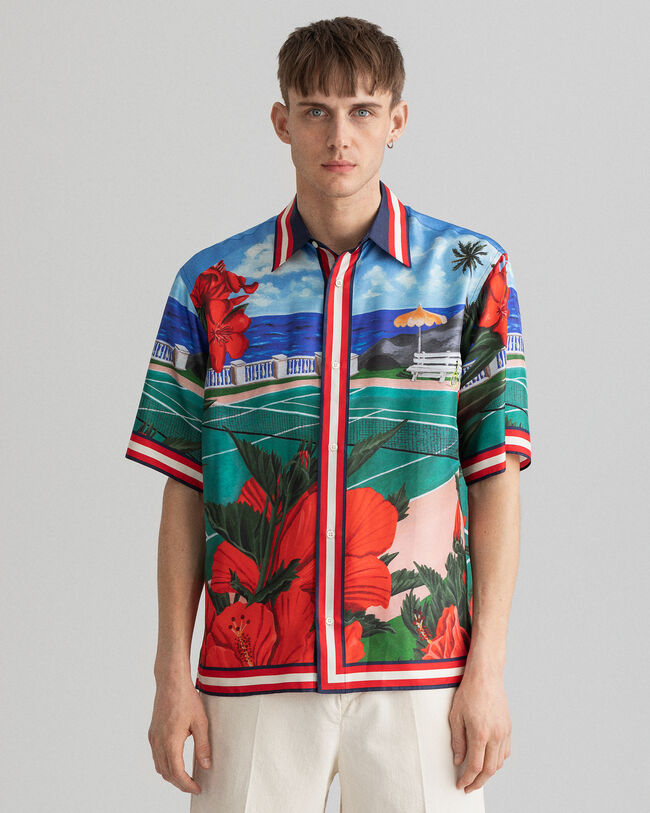 Relaxed fit Scenery silkeskjorte med korte ærmer