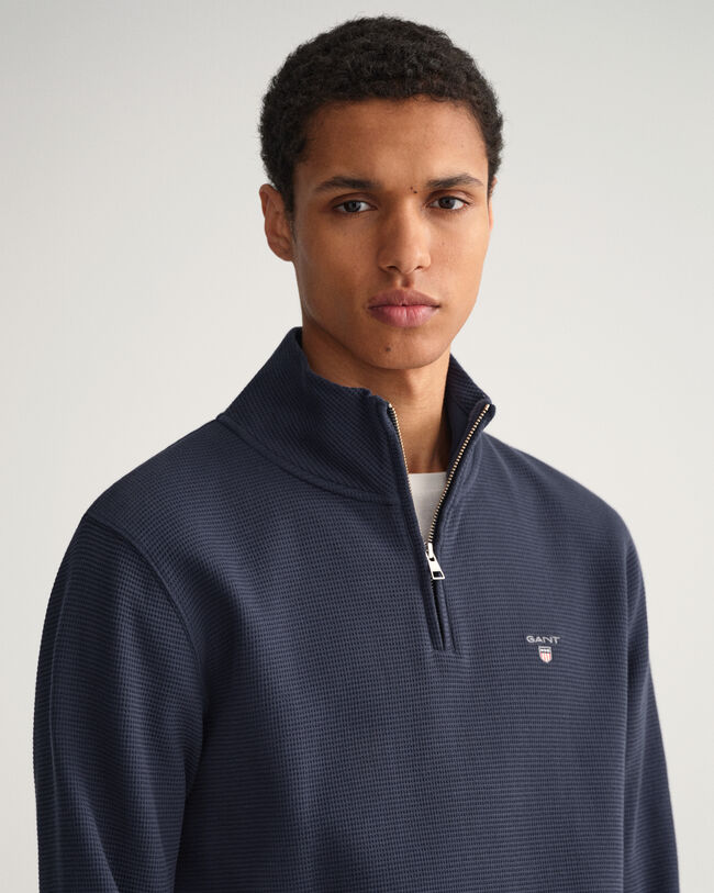 Waffle sweatshirt med halv lynl&aring;s