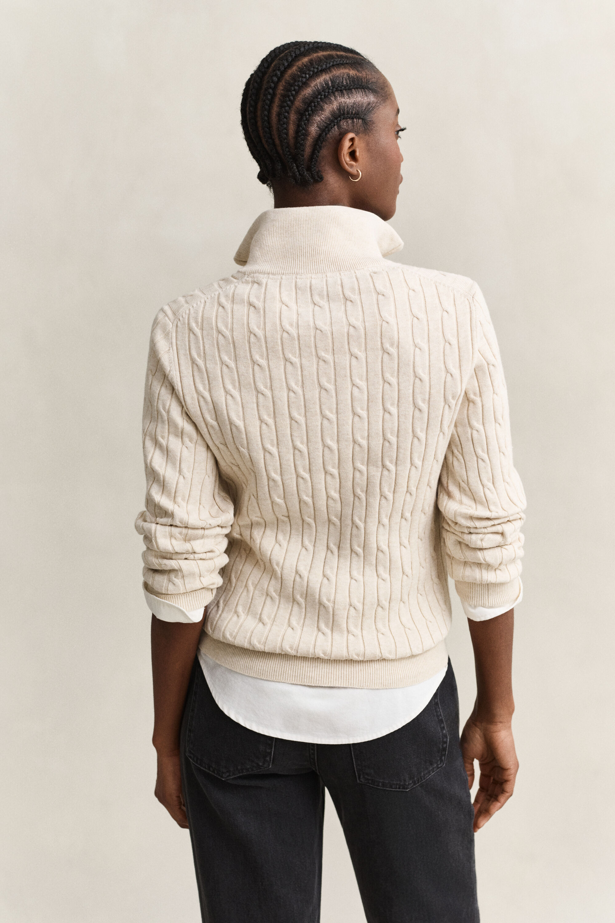 Kabelstrikket sweater af bomuld med stræk og halv lynlås