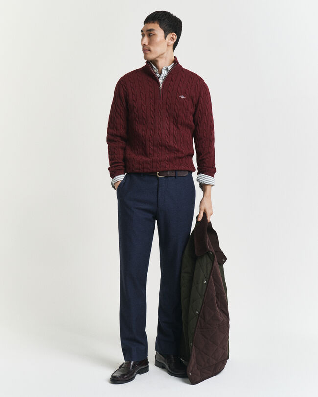 Kabelstrikket sweater af bomuld med halv lynlås