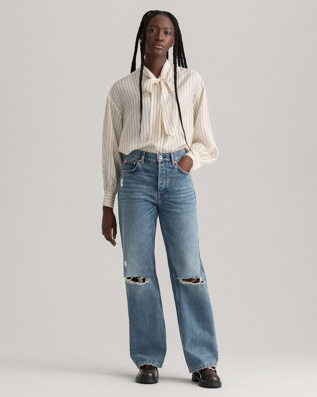 Pinstripe silkeskjorte med sløjfe