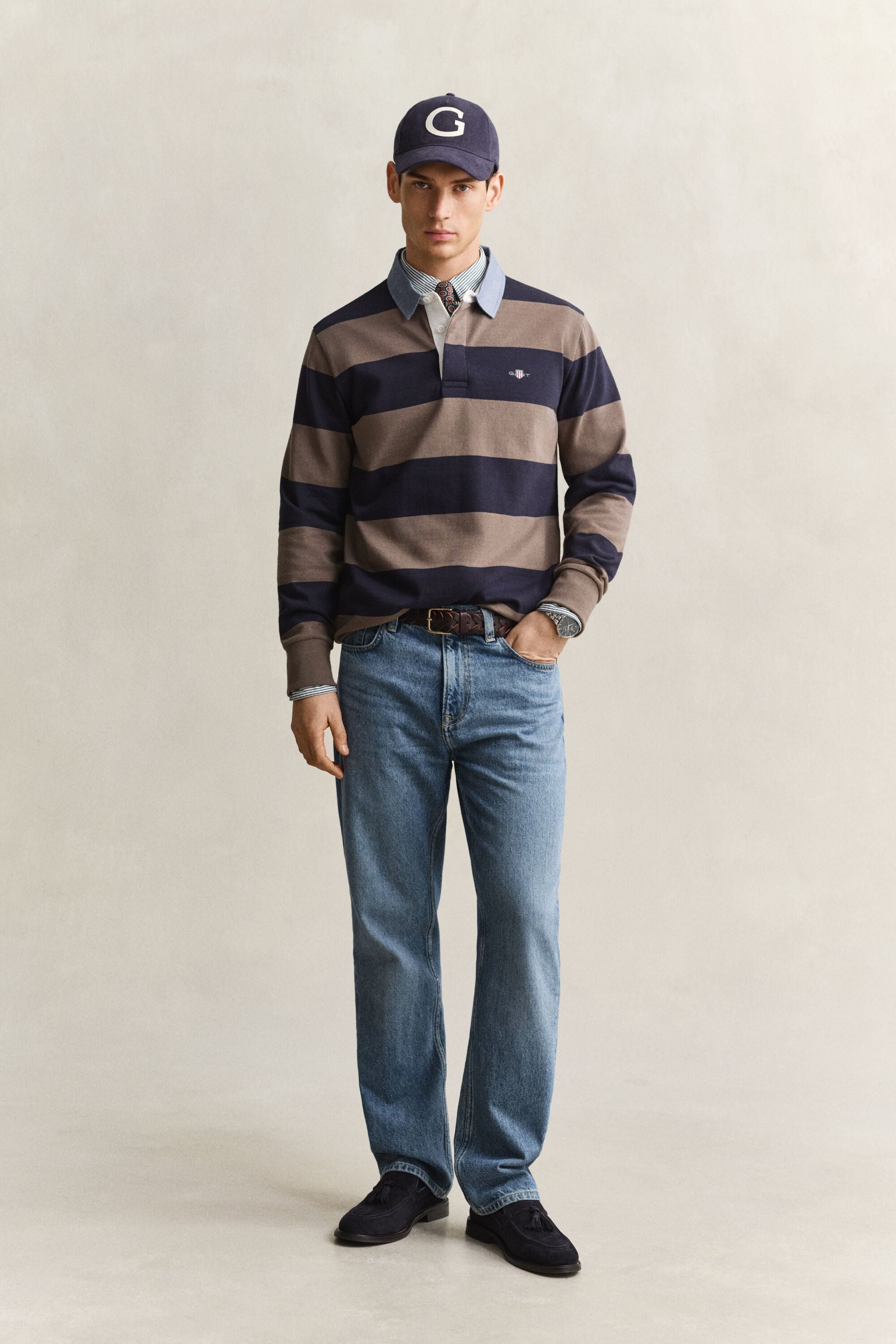 Stribet Heavy Rugger med krave i chambray