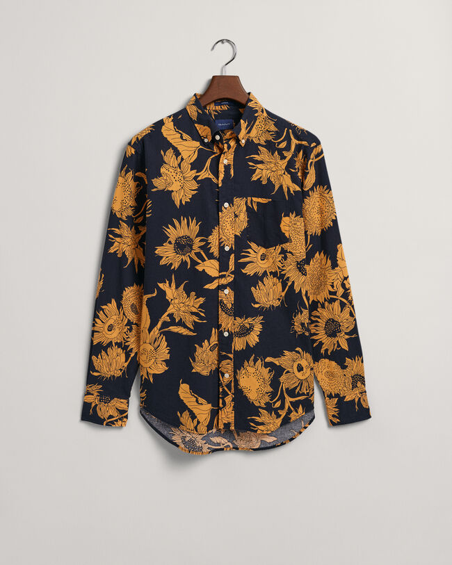 Regular fit skjorte af h&oslash;r og bomuld med solsikketryk