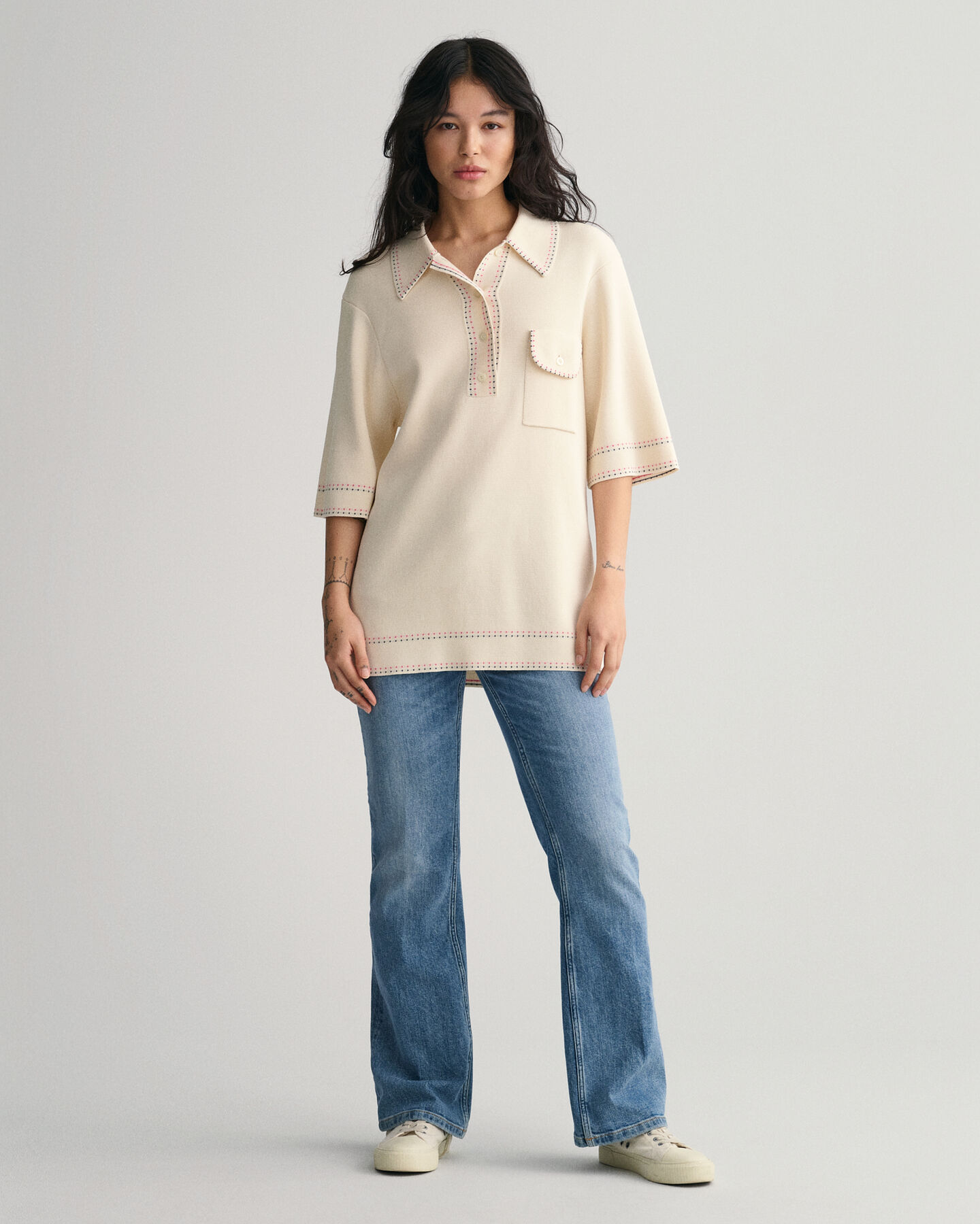 Strikket kort&aelig;rmet polosweater