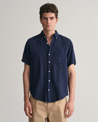 Regular fit Textured skjorte af bomuld og h&oslash;r med korte &aelig;rmer