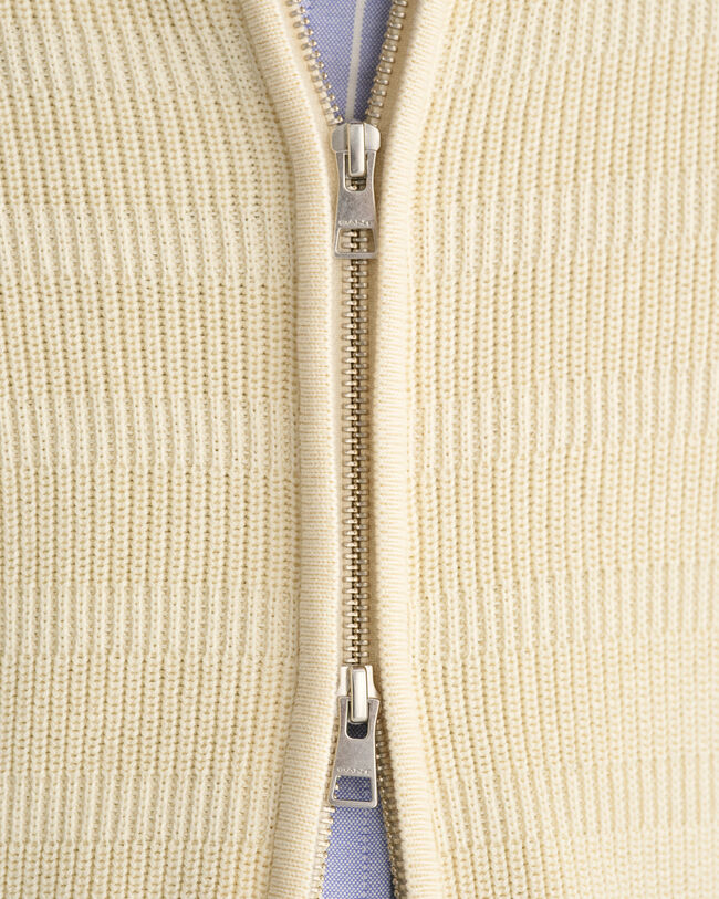 Stribet tekstureret cardigan af bomuld med lynl&aring;s