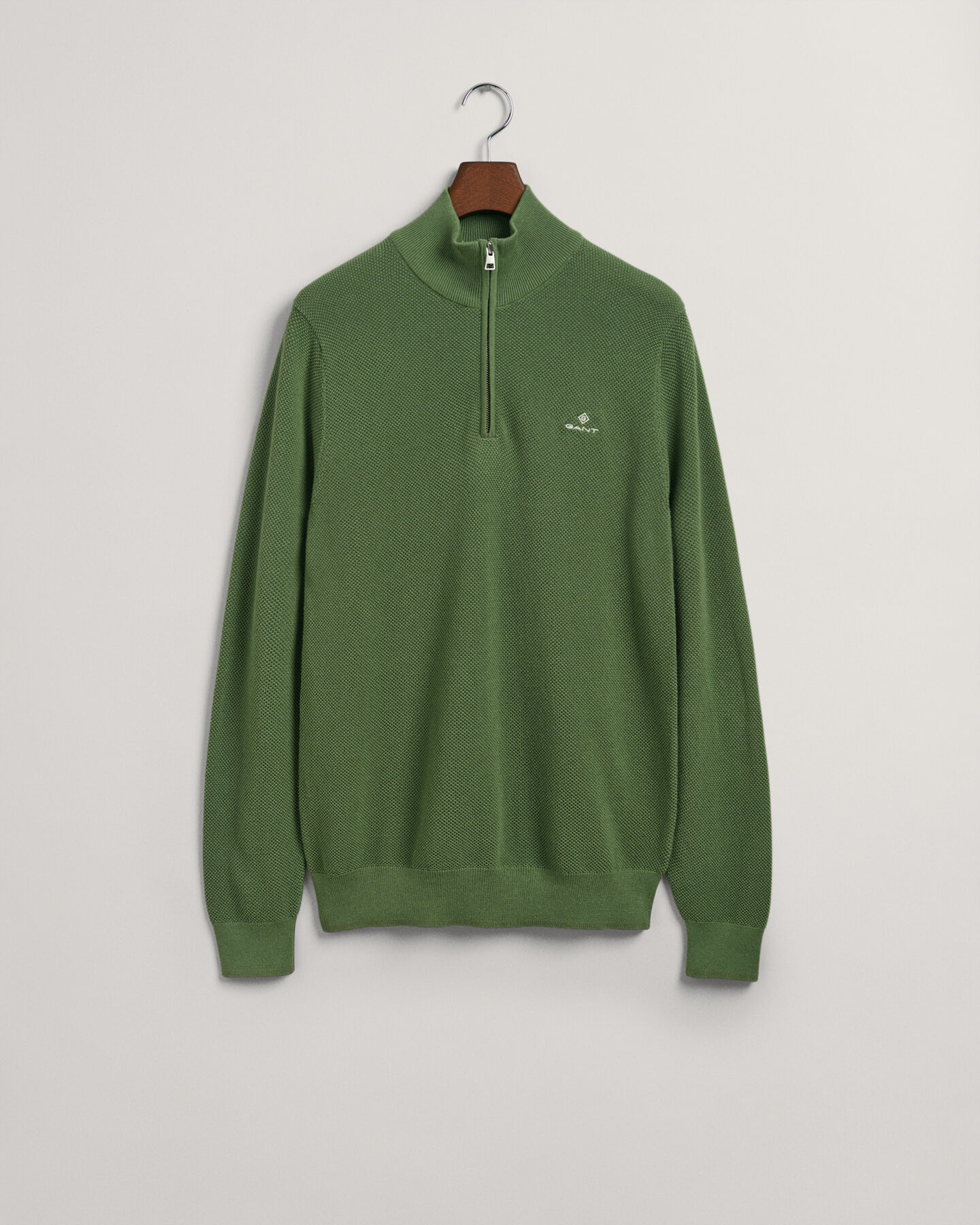 Bomuldspiqu&eacute; sweater med halv lynl&aring;s