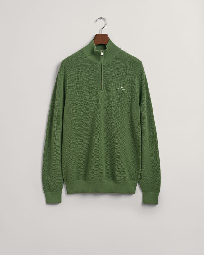 Bomuldspiqu&eacute; sweater med halv lynl&aring;s