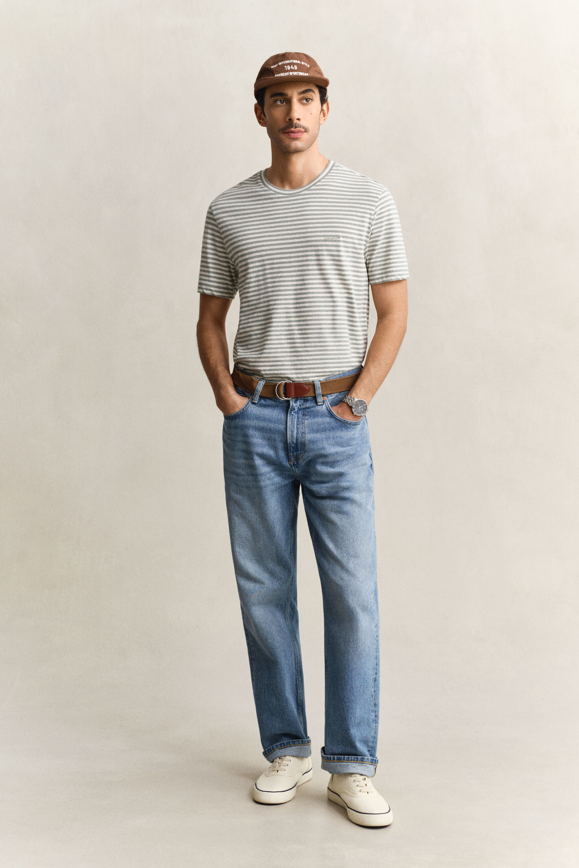 Stribet T-shirt af bomuld og hør