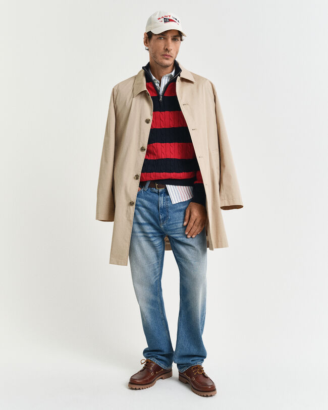 Stribet kabelstrikket sweater af bomuld med halv lynlås