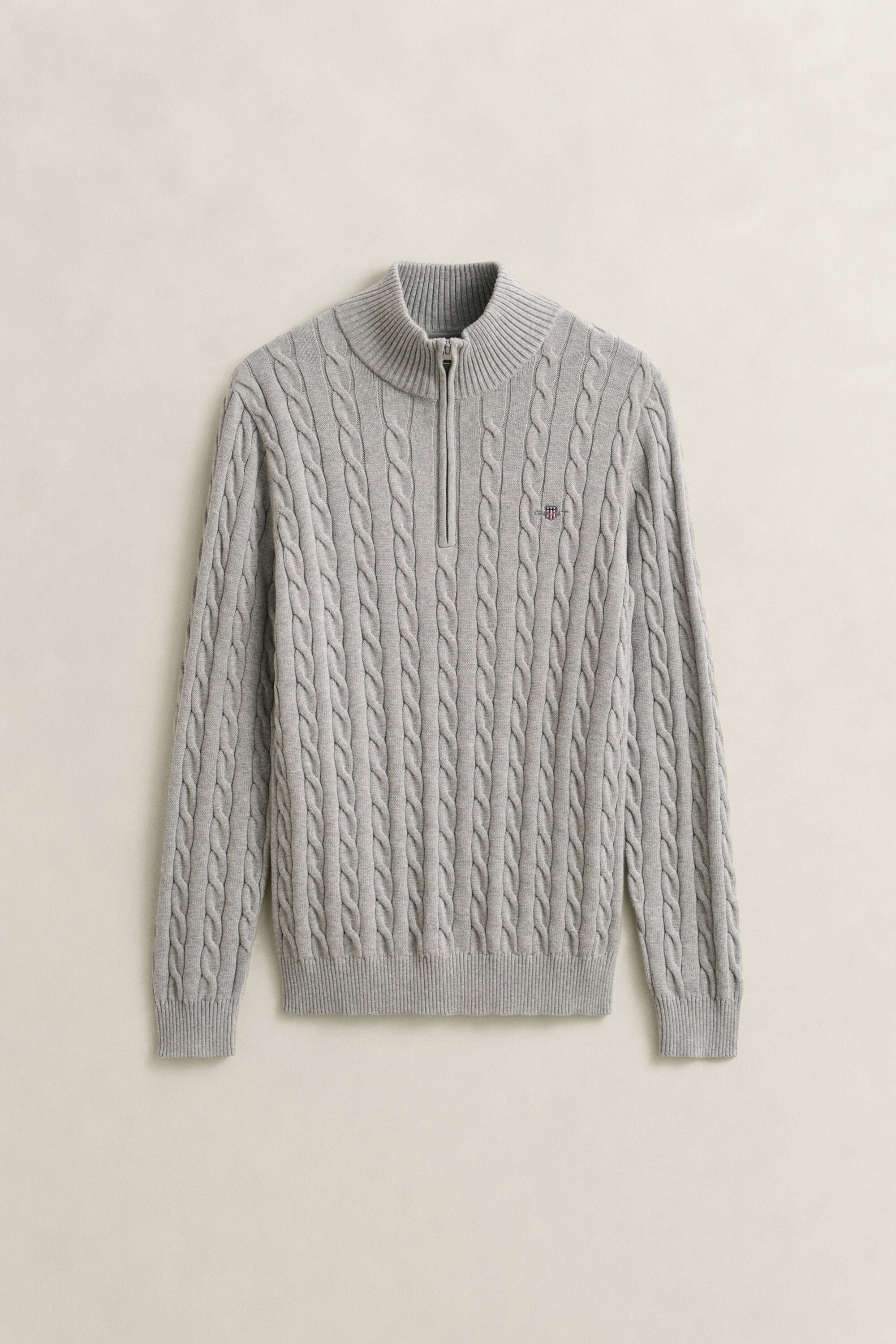 Kabelstrikket sweater af bomuld med halv lynlås