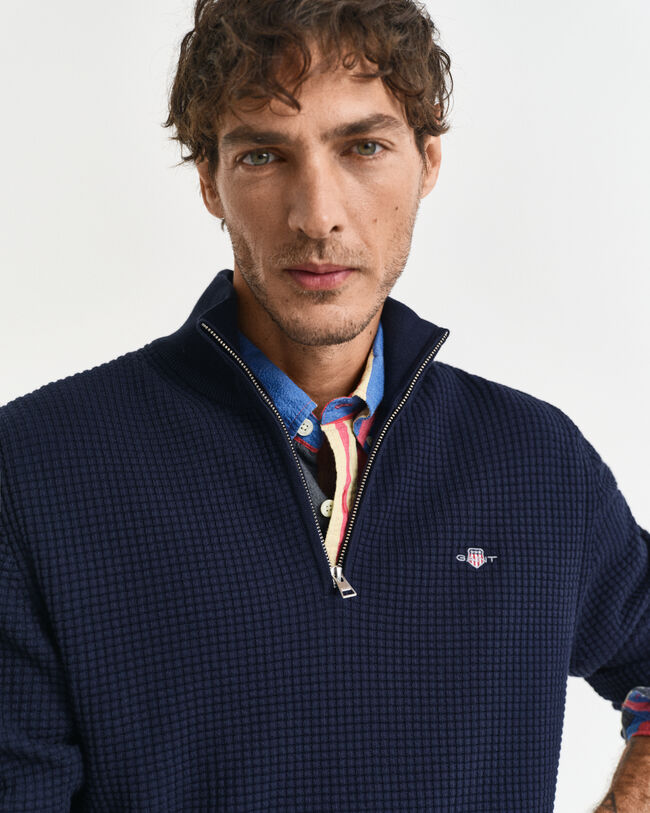 Tekstureret sweater af bomuld med halv lynlås