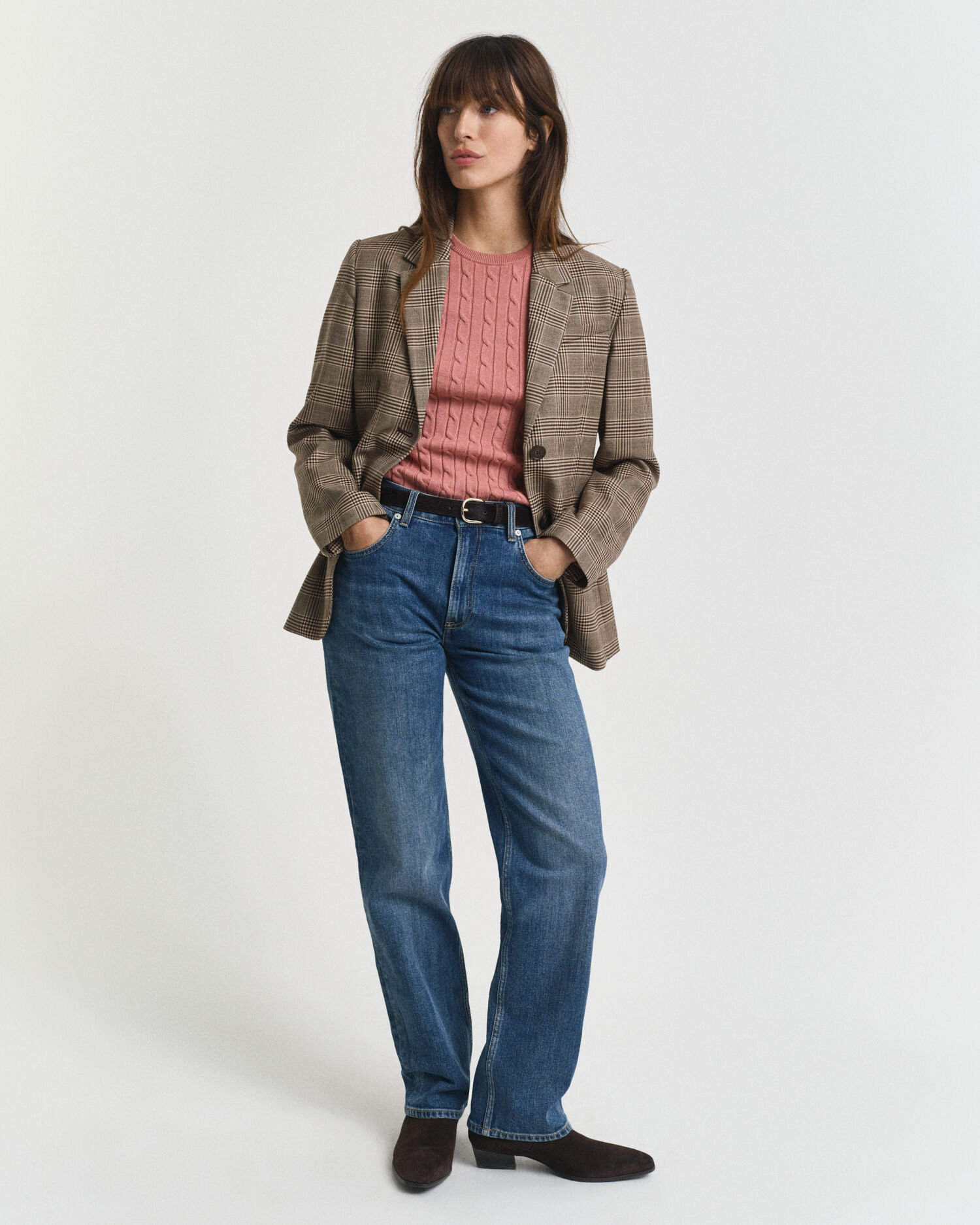 Kabelstrikket sweater med korte ærmer