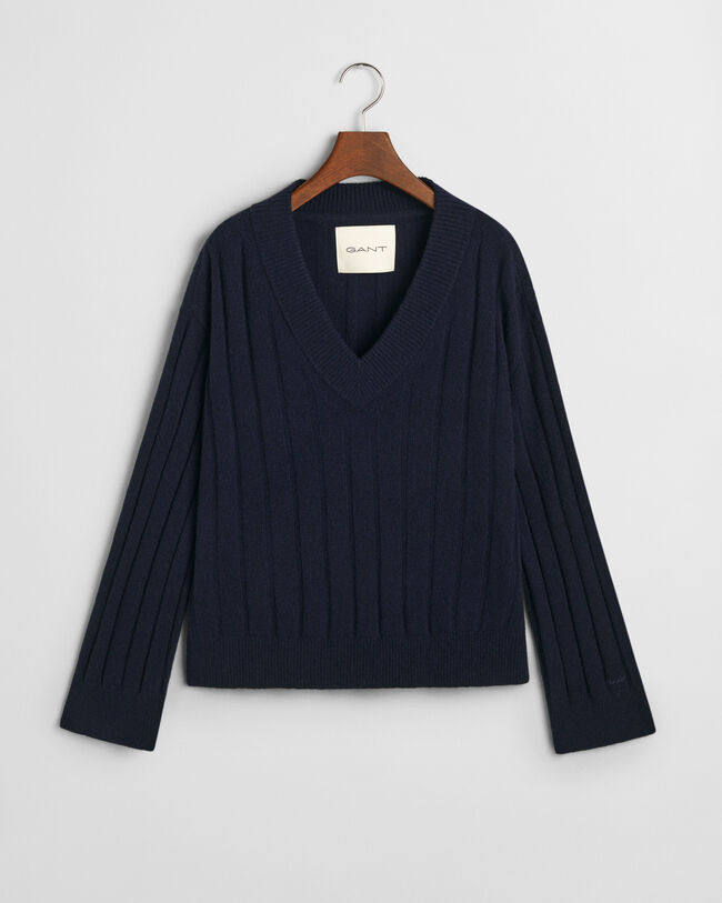 Sweater i uld med bred ribstrik og V-hals