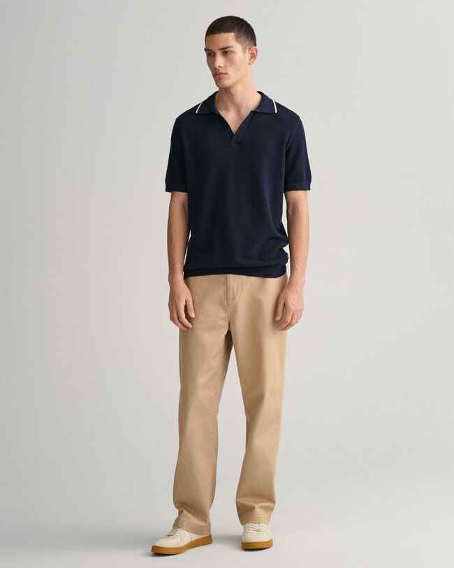 Tekstureret polosweater af bomuld med åben krave