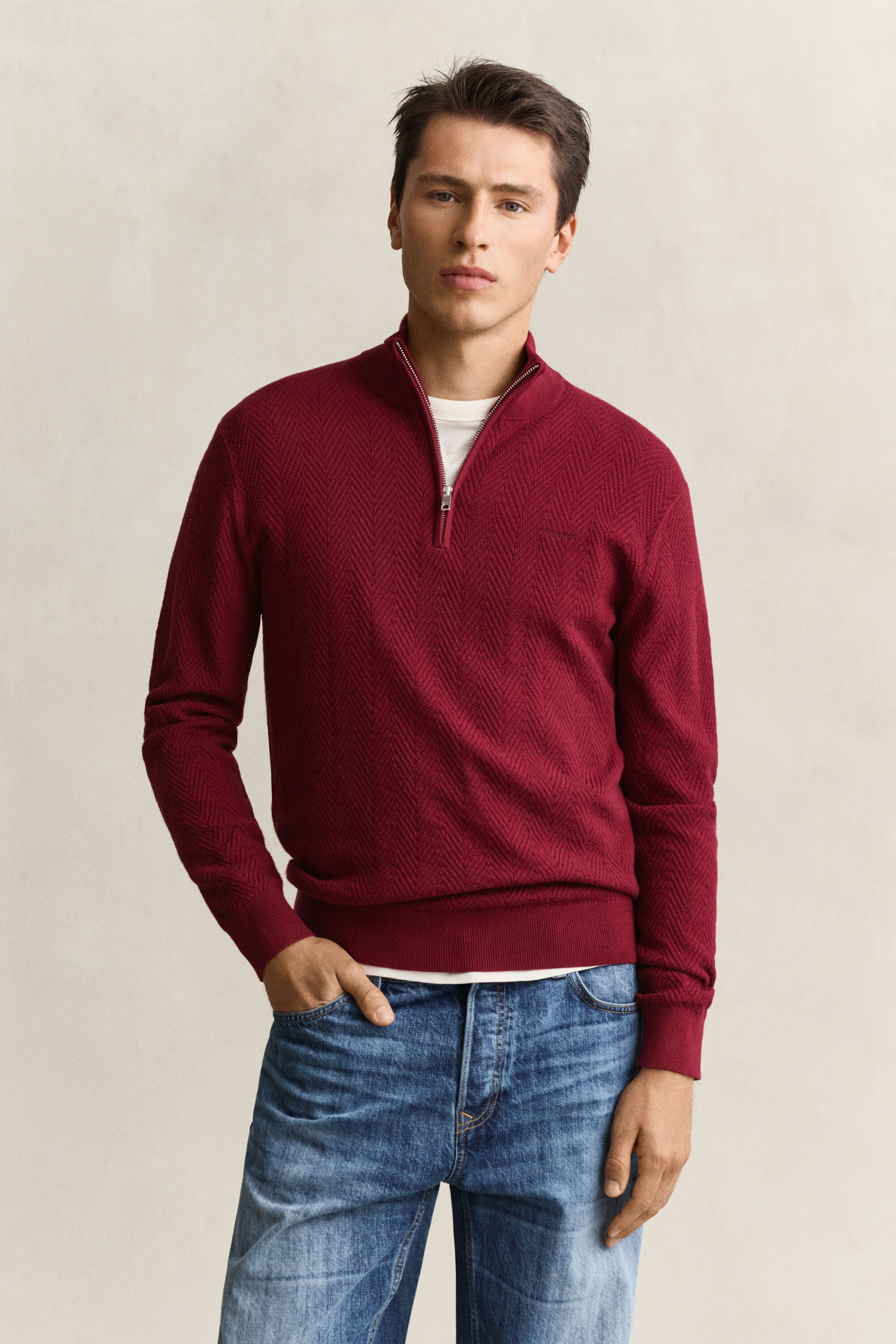 Sildebensmønstret sweater med halv lynlås