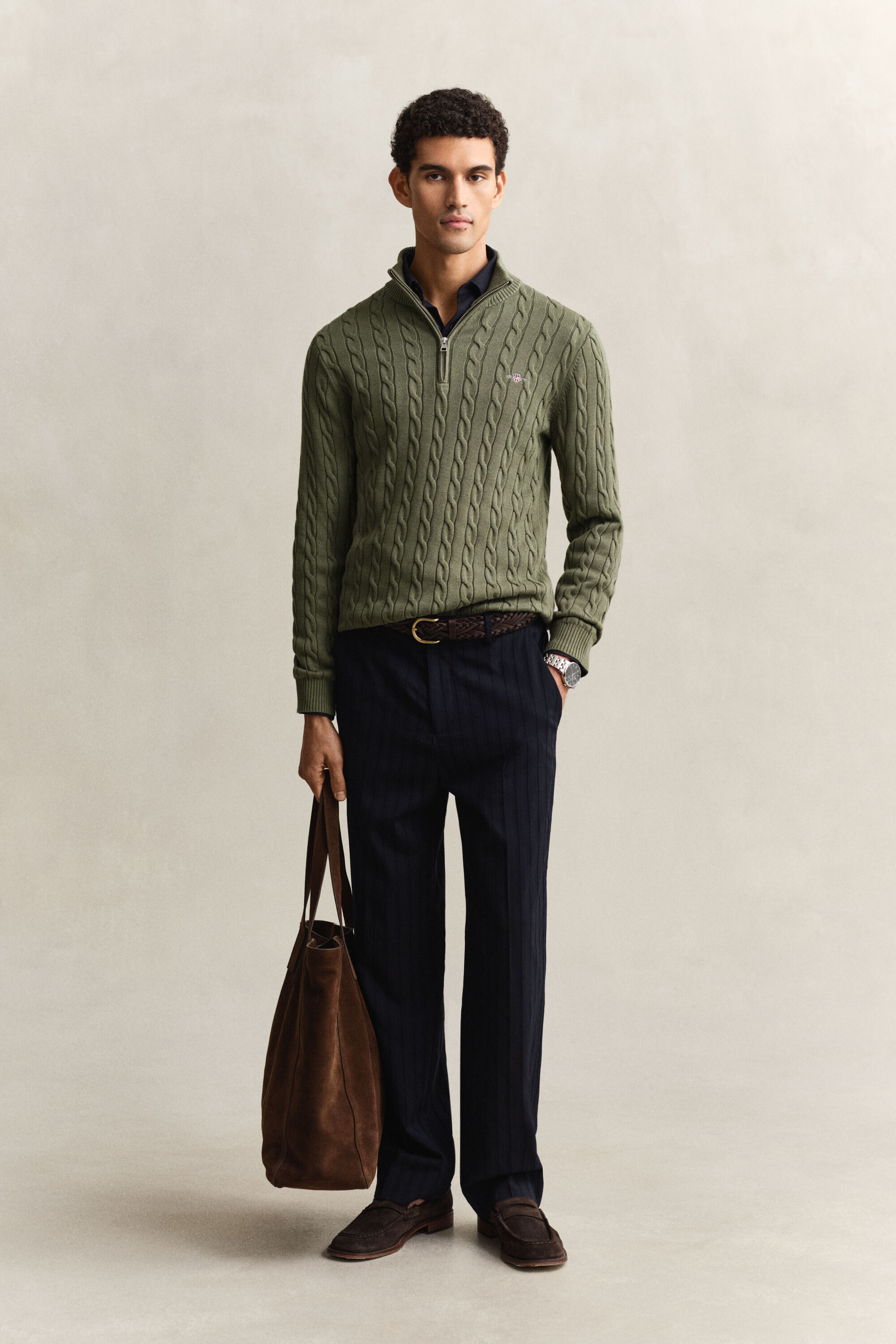 Kabelstrikket sweater af bomuld med halv lynlås