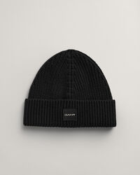Ribstrikket beanie i bomuld