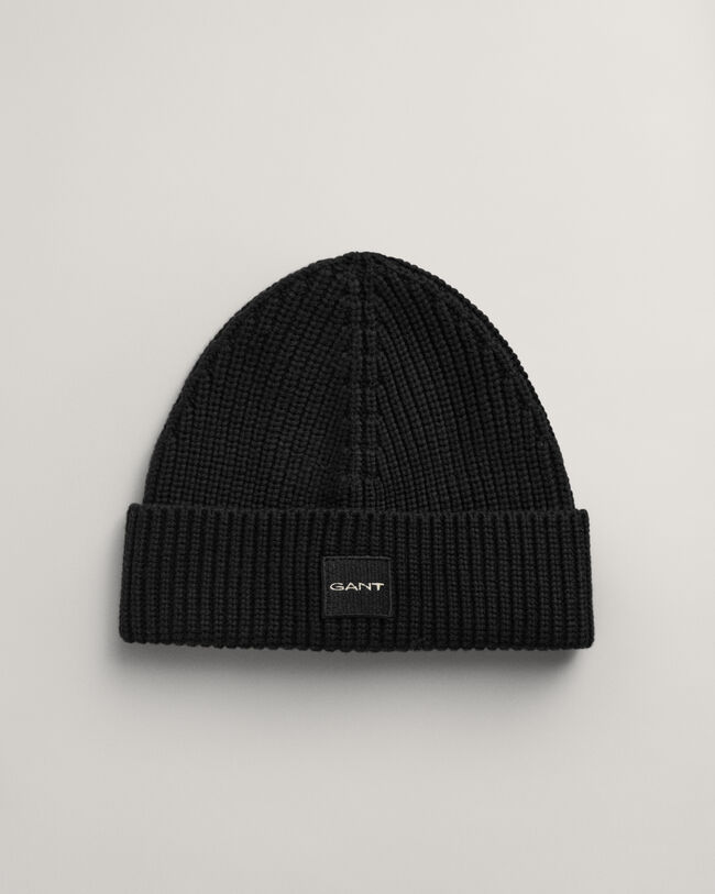 Ribstrikket beanie i bomuld
