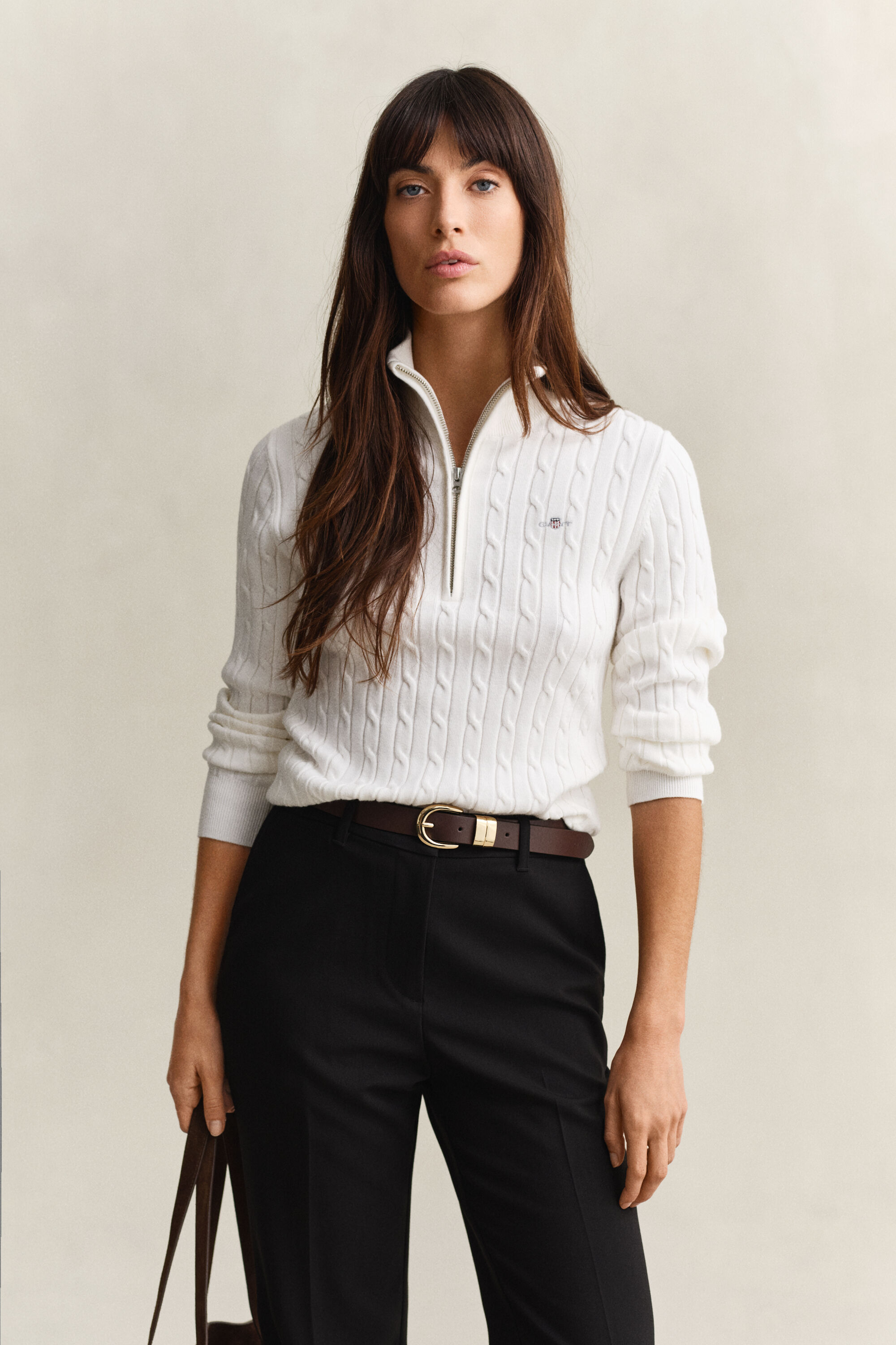 Kabelstrikket sweater med halv lynlås