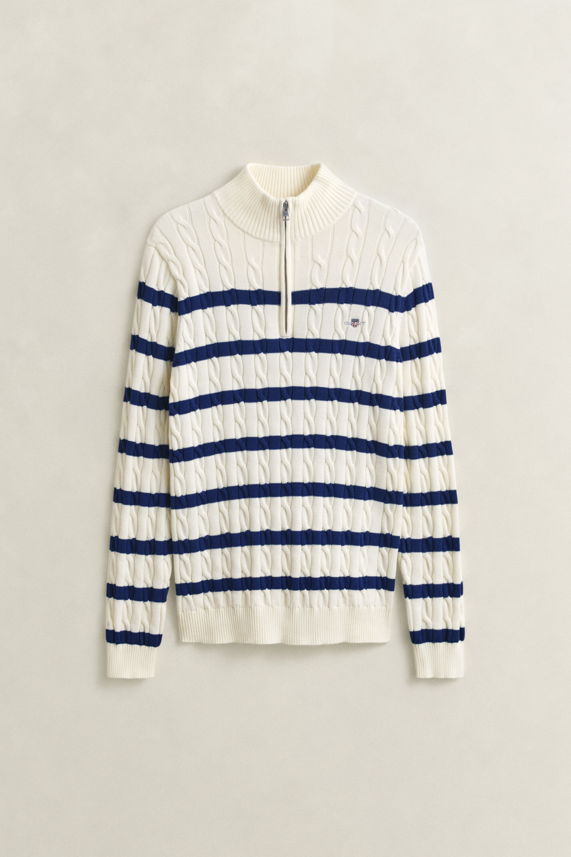 Stribet kabelstrikket sweater af bomuld med halv lynlås
