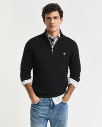 Kabelstrikket sweater af bomuld med halv lynlås