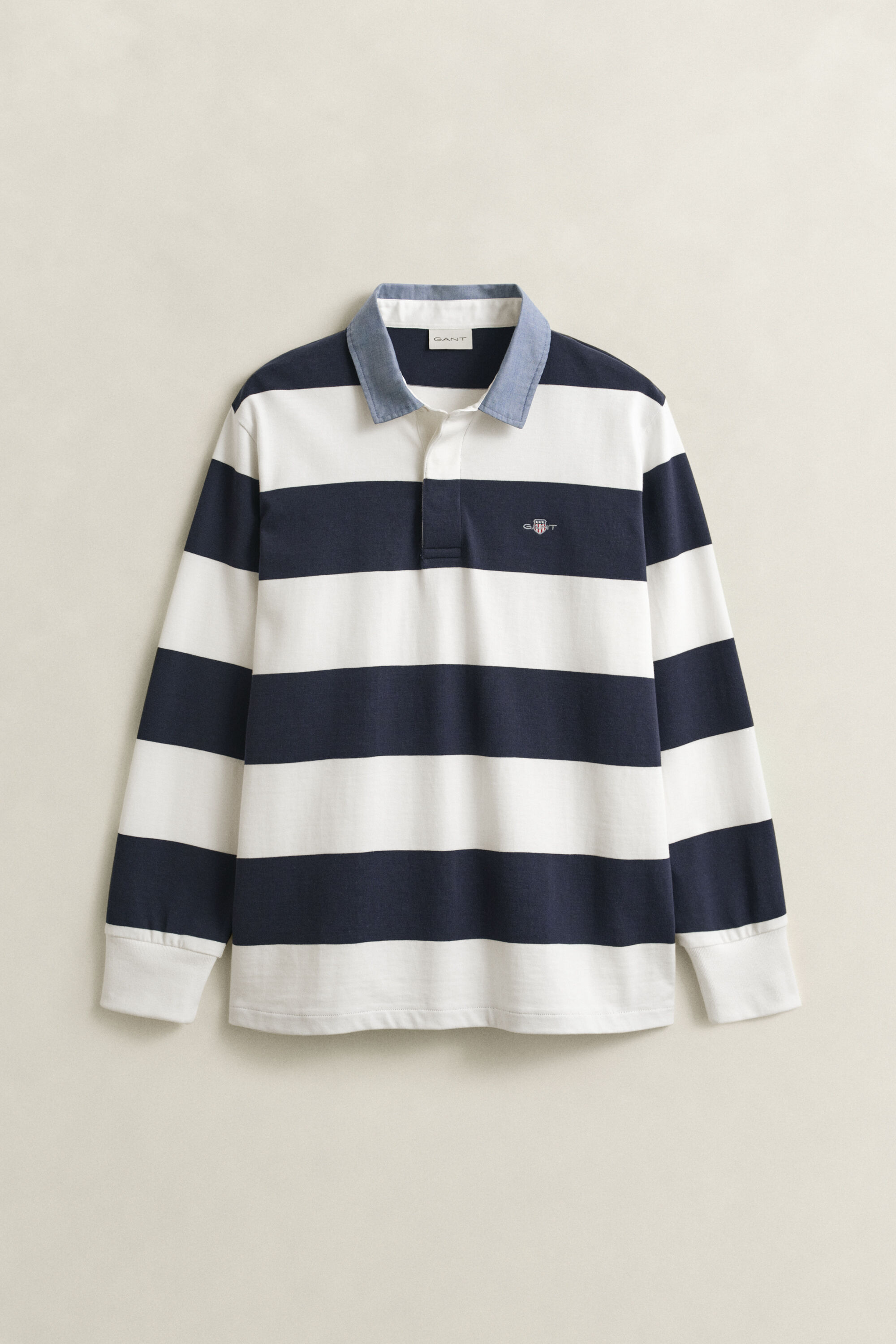 Stribet Heavy Rugger med krave i chambray