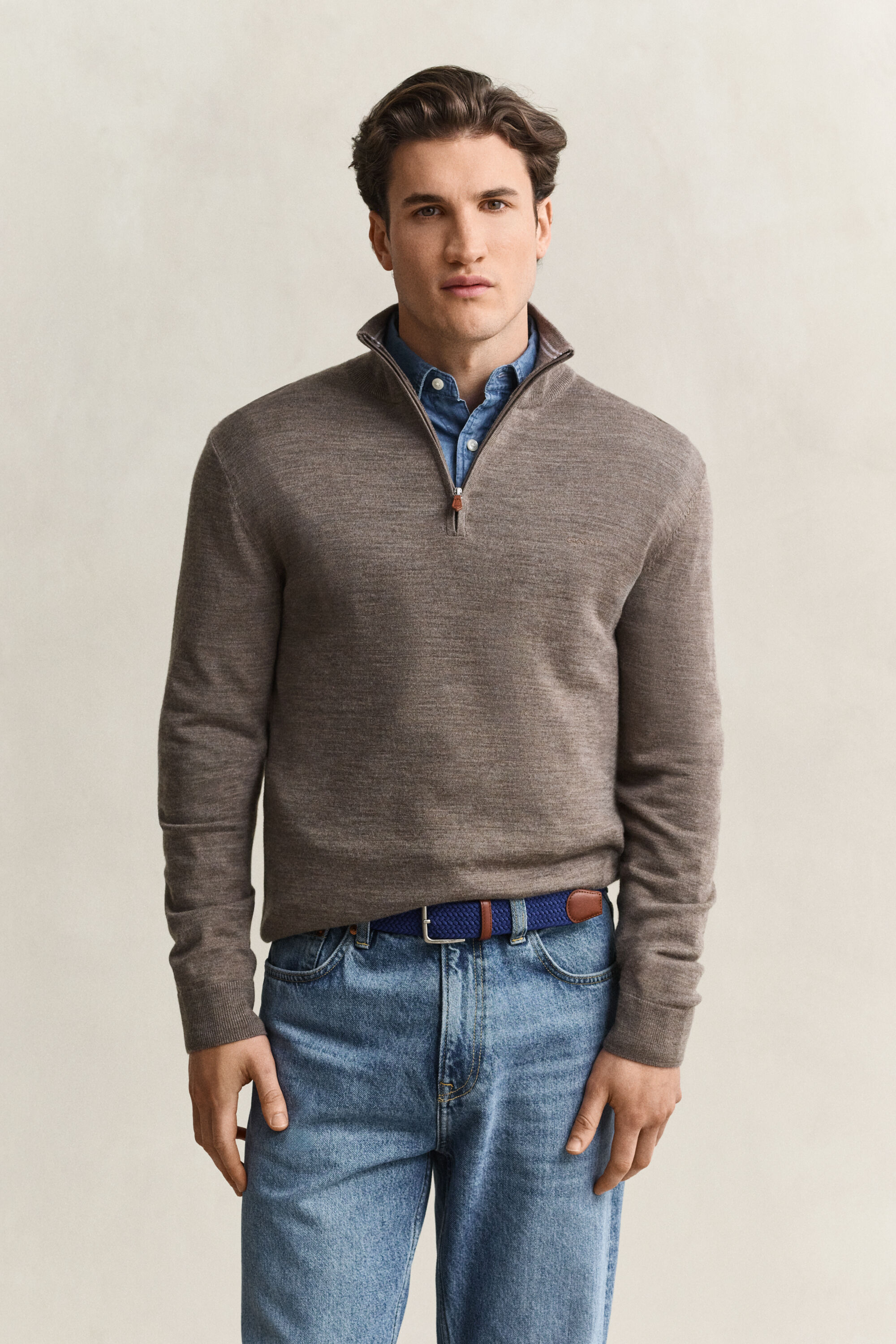Sweater i merinould med halv lynlås