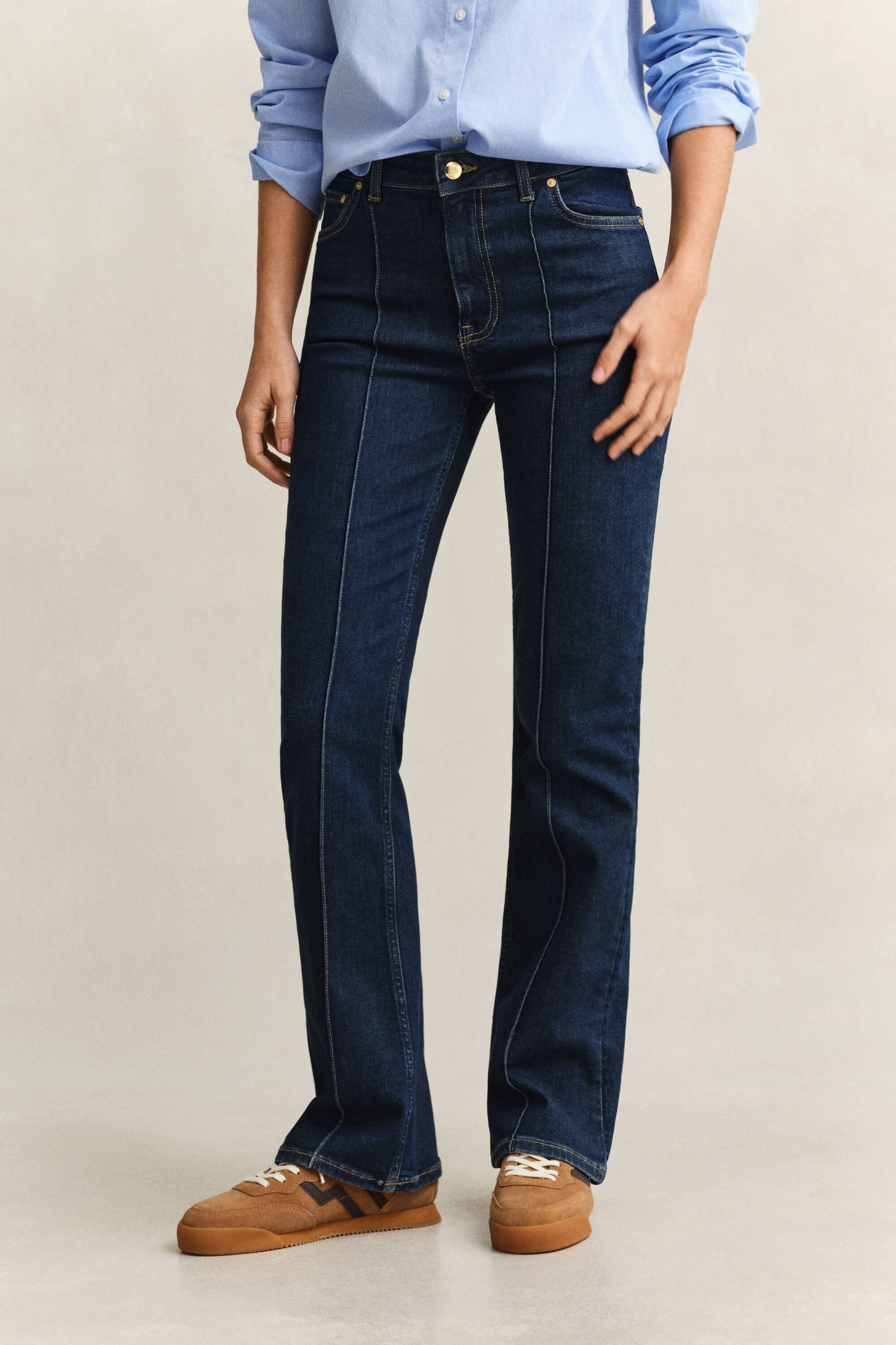 Slanke pintuck jeans med svaj