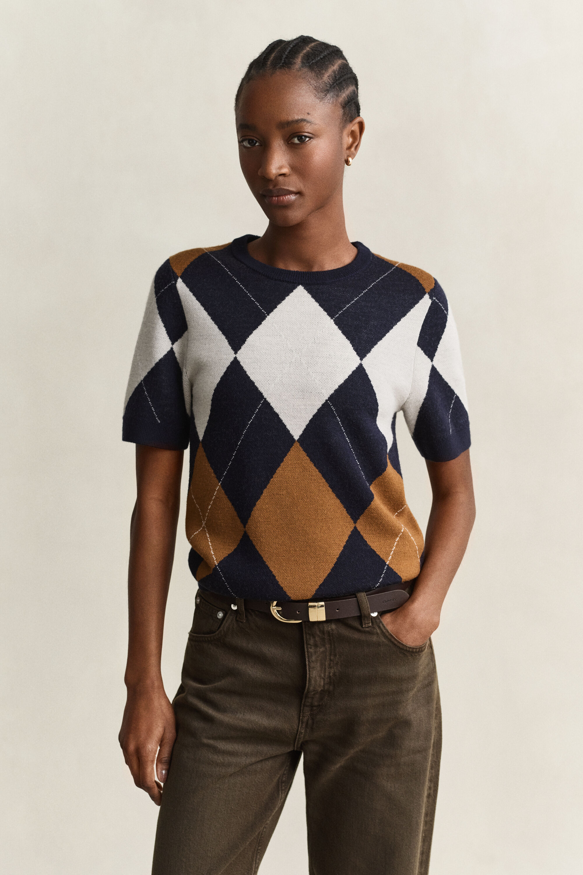 Argyle sweater i uld med korte ærmer