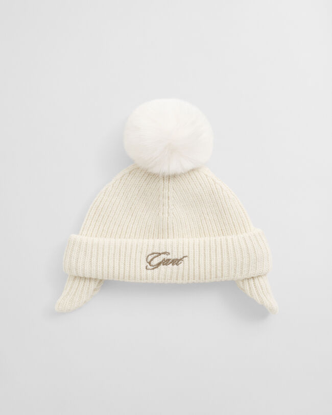 Baby beanie med øreklapper og pompon