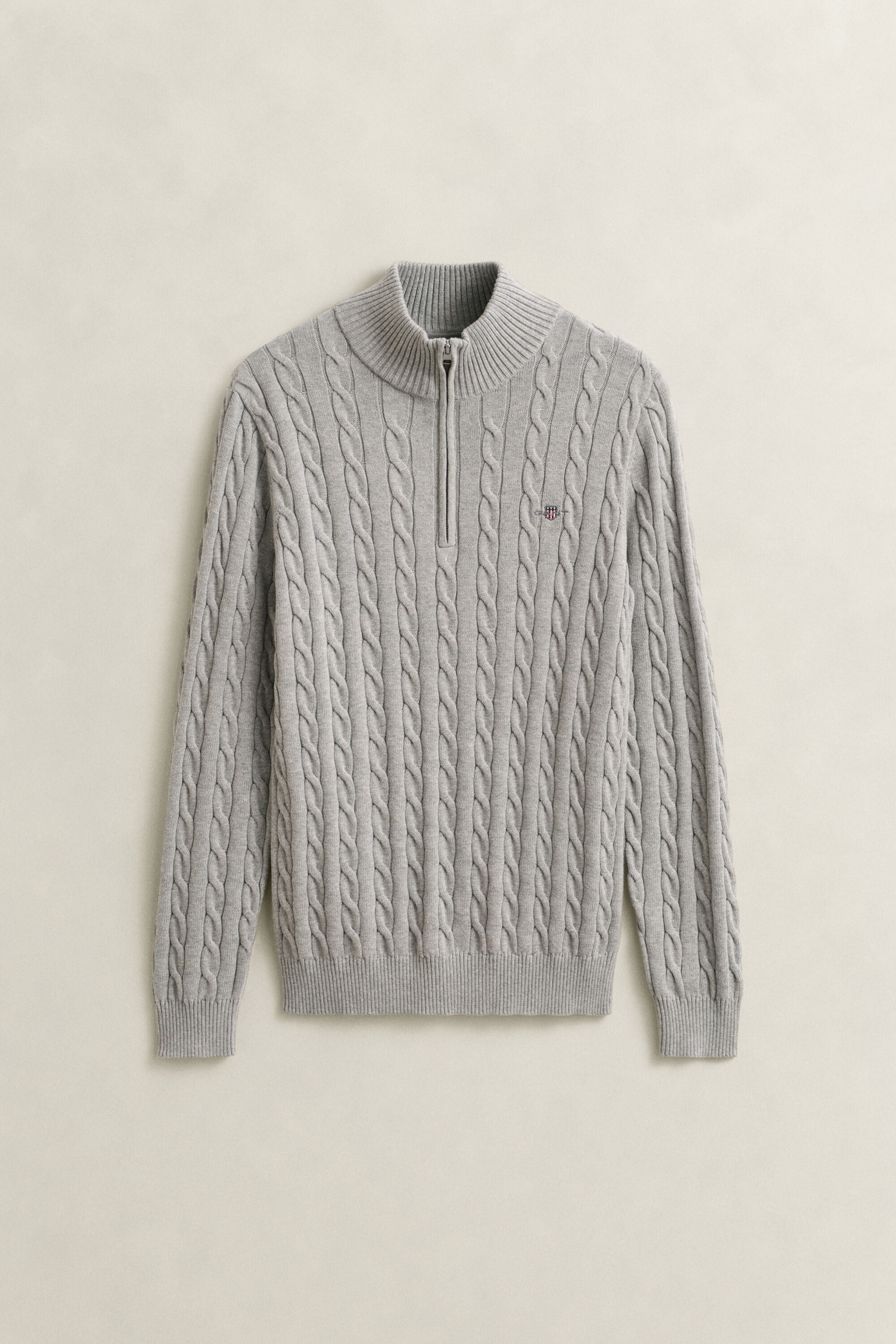 Kabelstrikket sweater af bomuld med halv lynlås