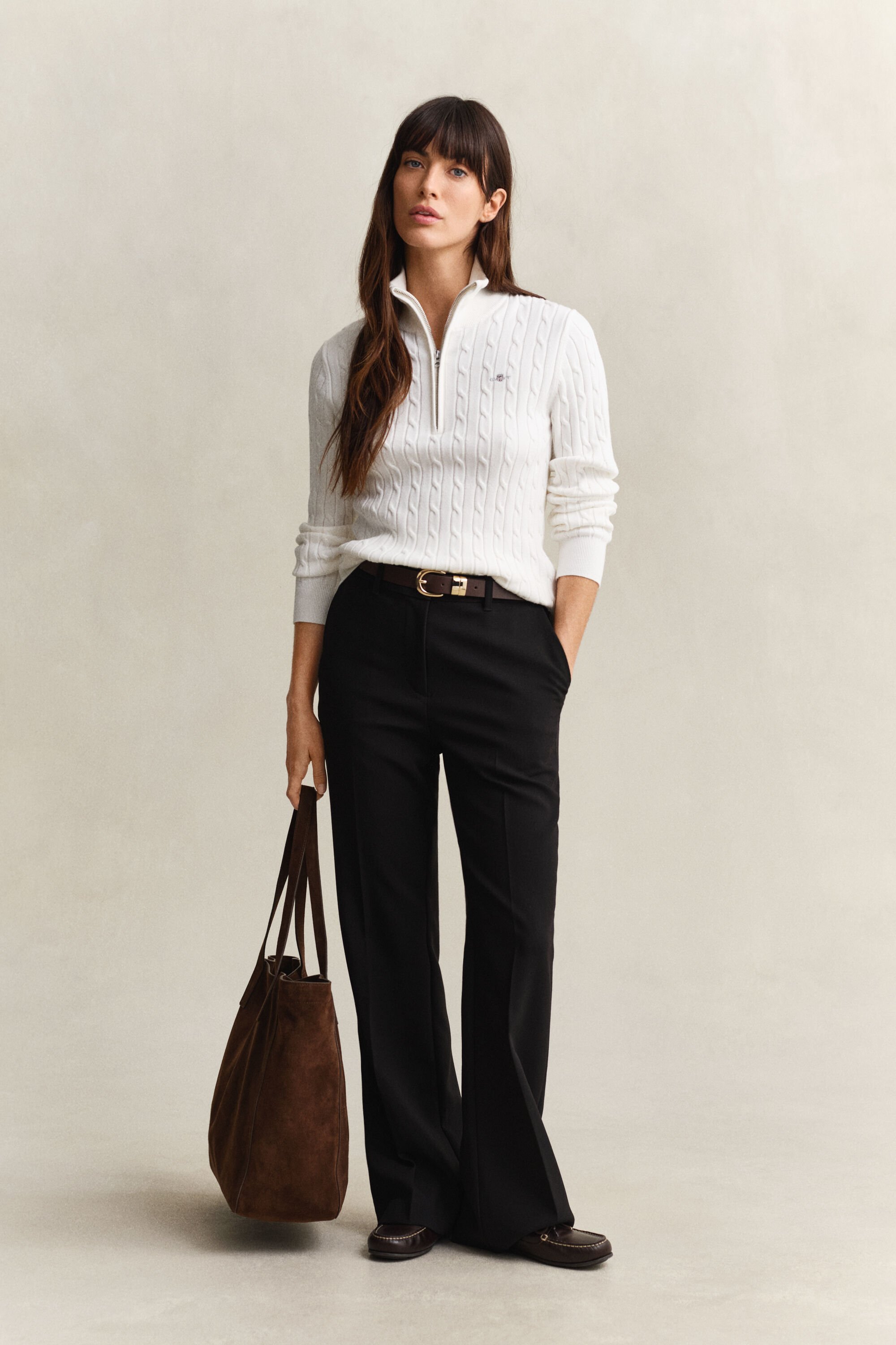 Kabelstrikket sweater med halv lynlås