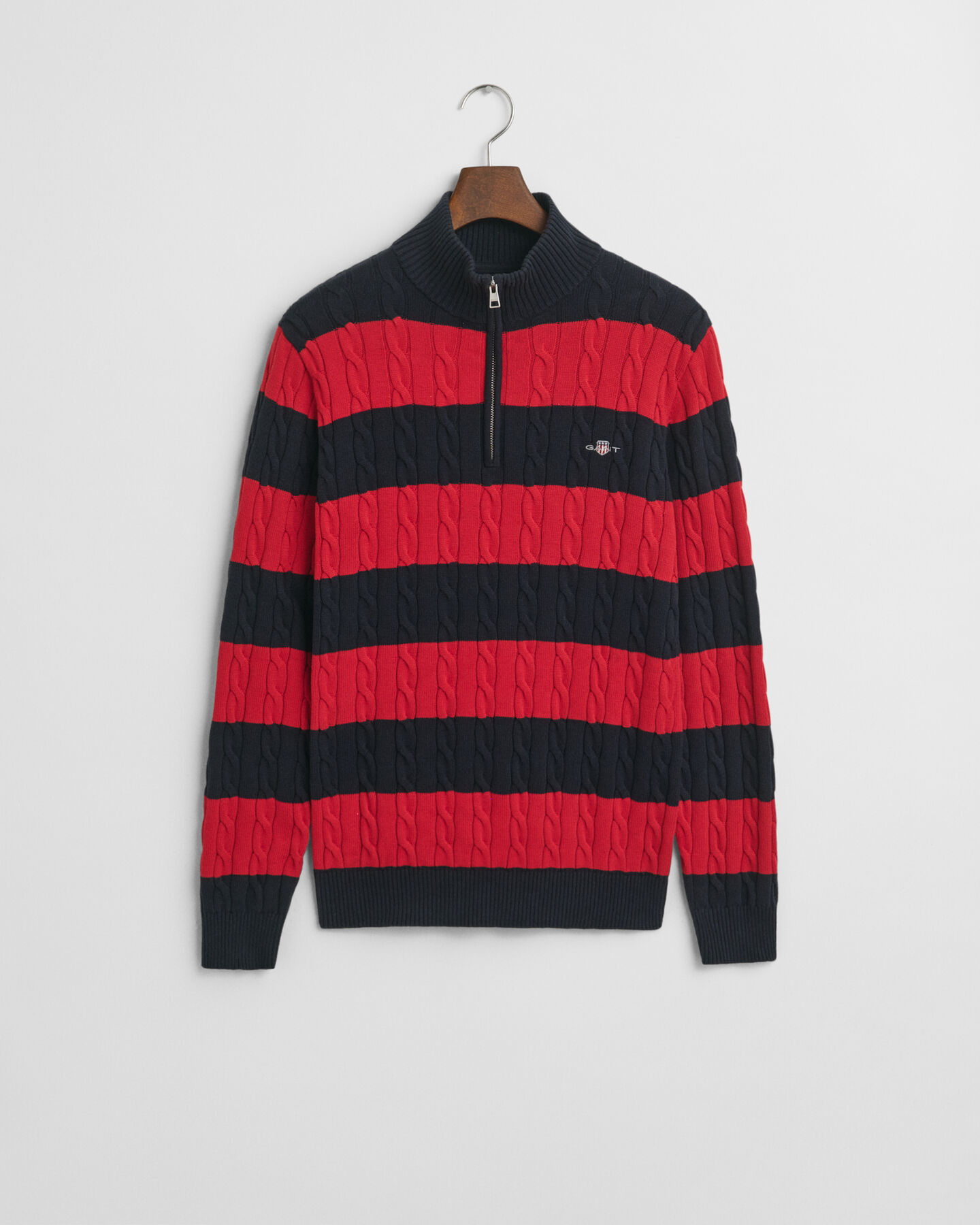 Stribet kabelstrikket sweater af bomuld med halv lynlås