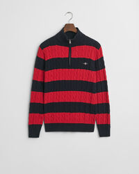 Stribet kabelstrikket sweater af bomuld med halv lynlås