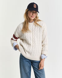 Stribet crewneck sweater med kontrastfarver og kabelstrik