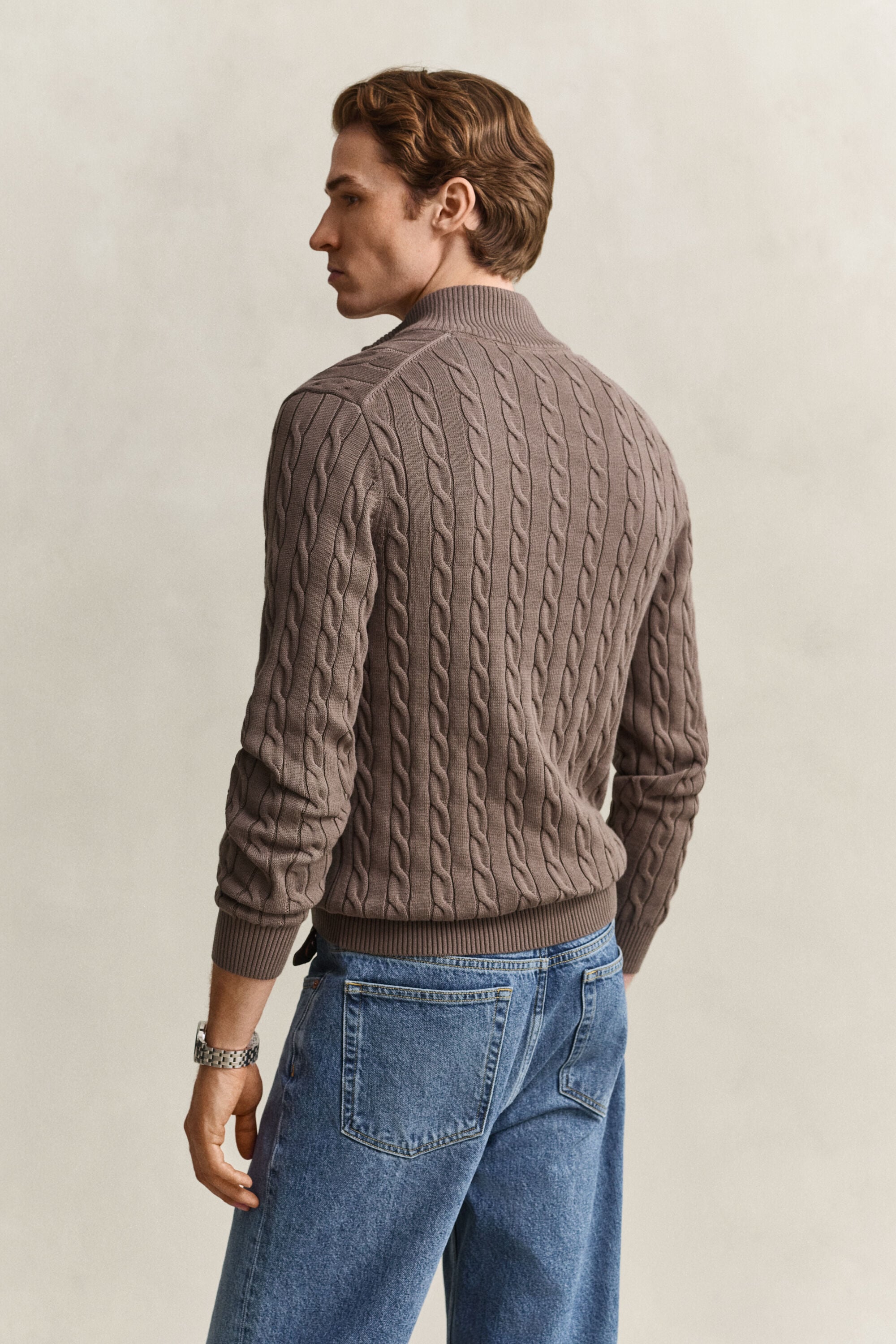 Kabelstrikket sweater af bomuld med halv lynlås