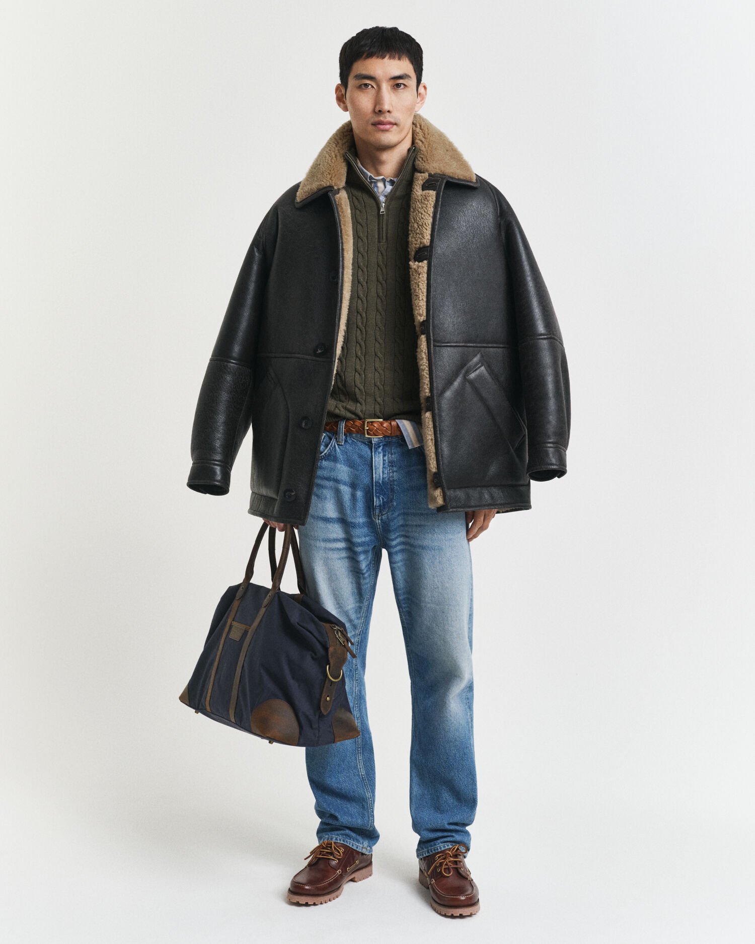 Kabelstrikket sweater af bomuld med halv lynlås