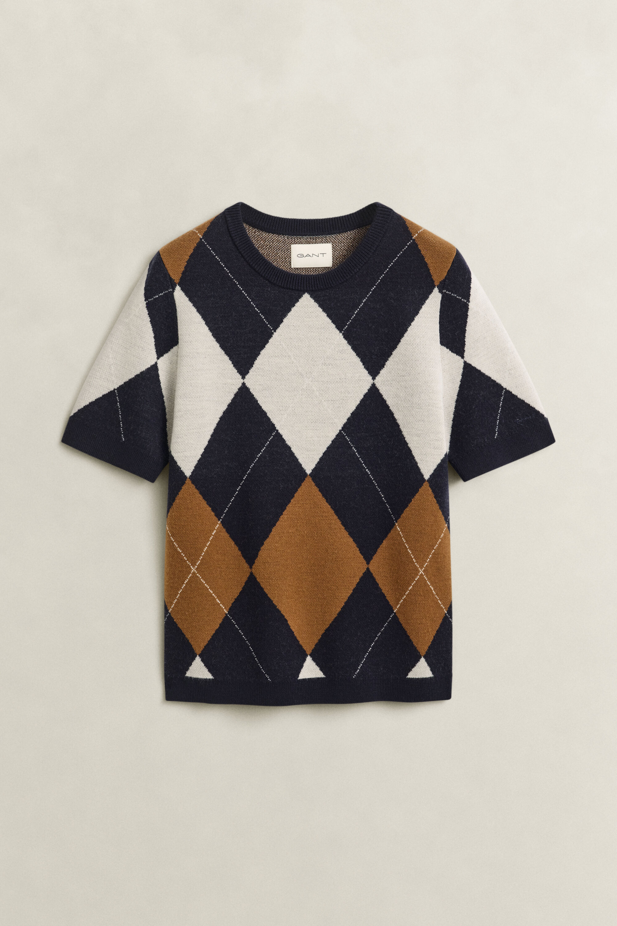 Argyle sweater i uld med korte ærmer