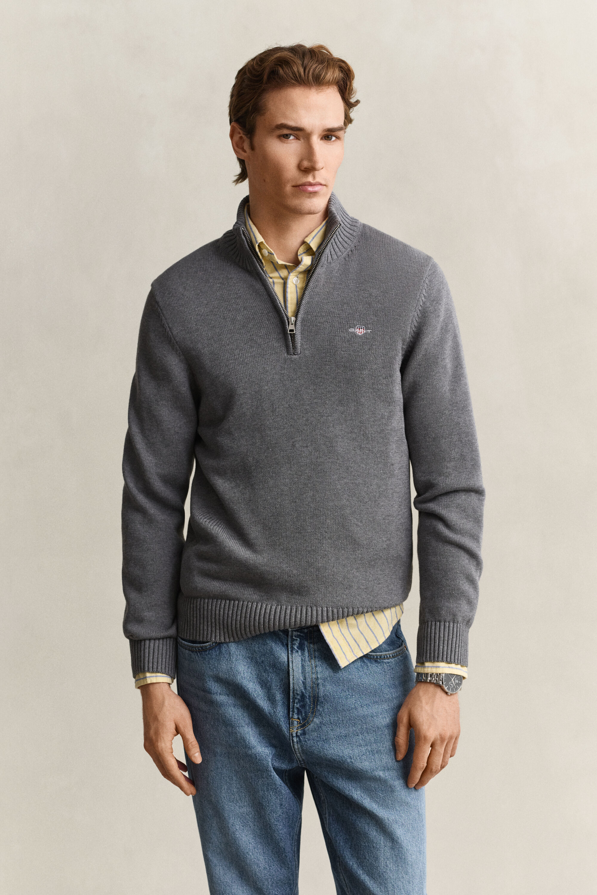 Afslappet sweater i bomuld med halv lynlås
