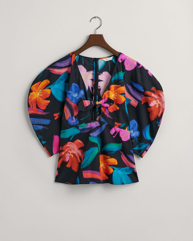 Bluse med volumin&oslash;se &aelig;rmer og blomstertryk