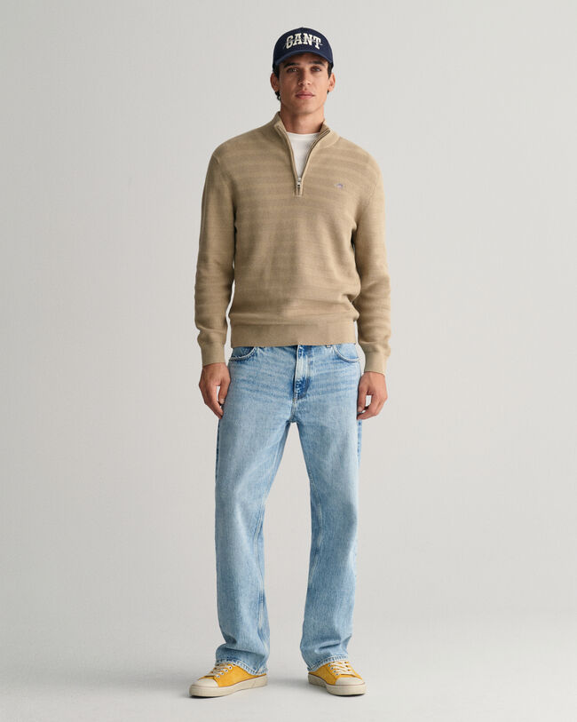 Stribet tekstureret sweater af bomuld med halv lynl&aring;s