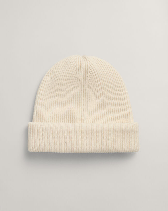 Ribstrikket beanie af uld