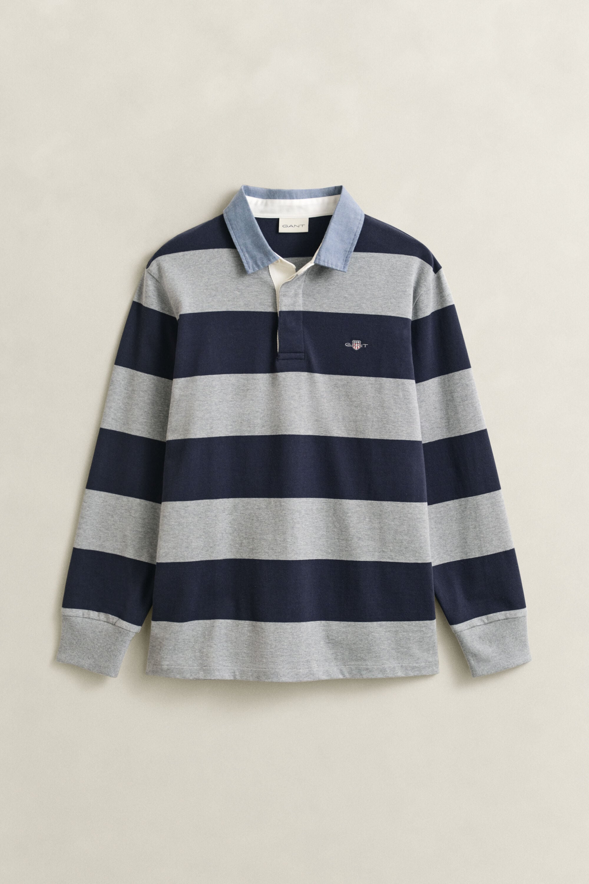 Stribet Heavy Rugger med krave i chambray